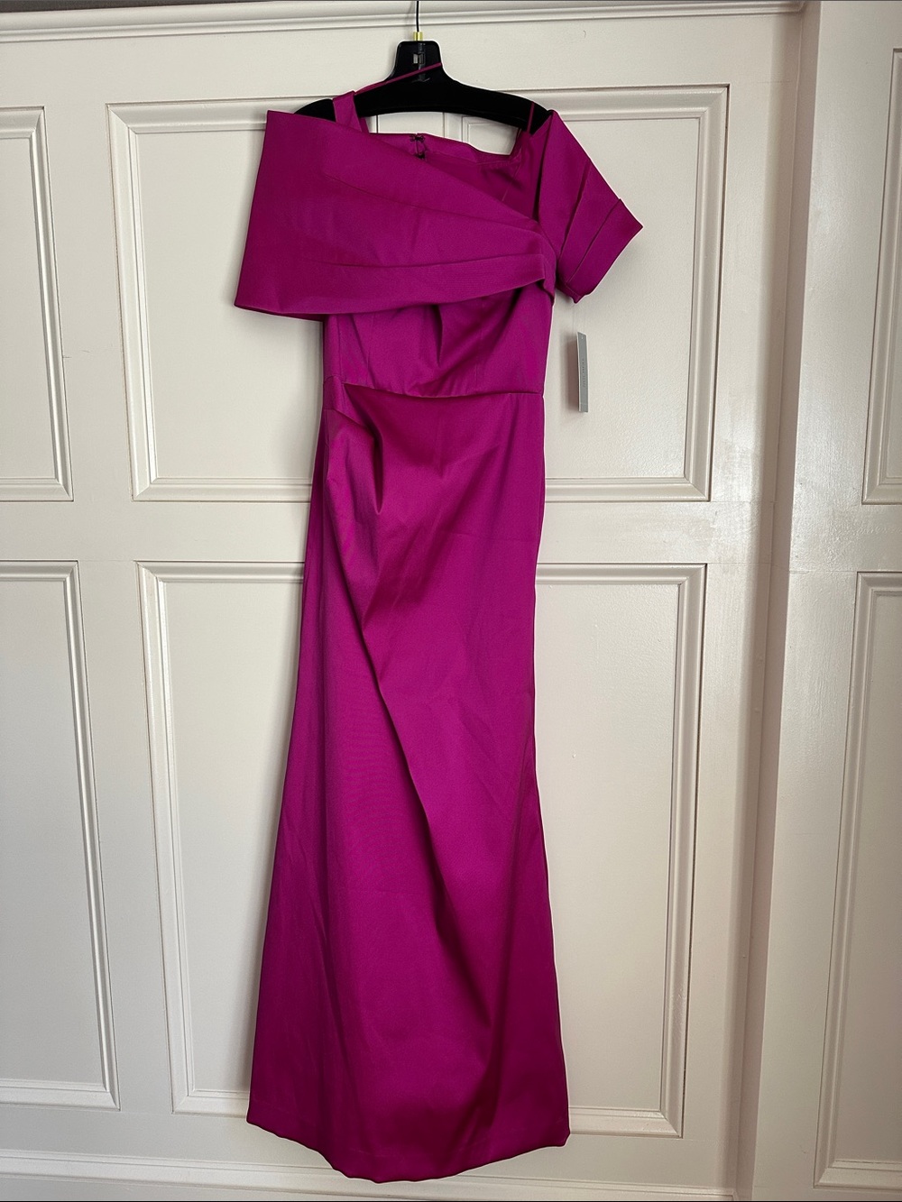 Teri Jon Stretch Mikado Asymmetrical Off-Shoulder Cuff Gown/ Raspberry